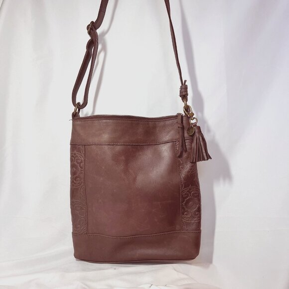 The Sak Collection-Brown Leather Embossed Floral Sides-Black/Pink inside-Phone - Picture 9 of 15